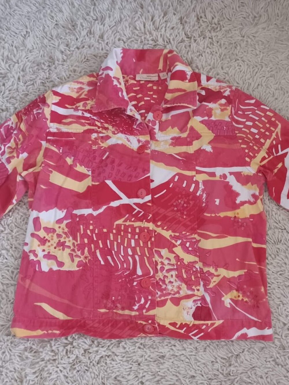 Chicos Choices M Pink/ Coral Yellow Abstract Jacket Sequin Embellished Button